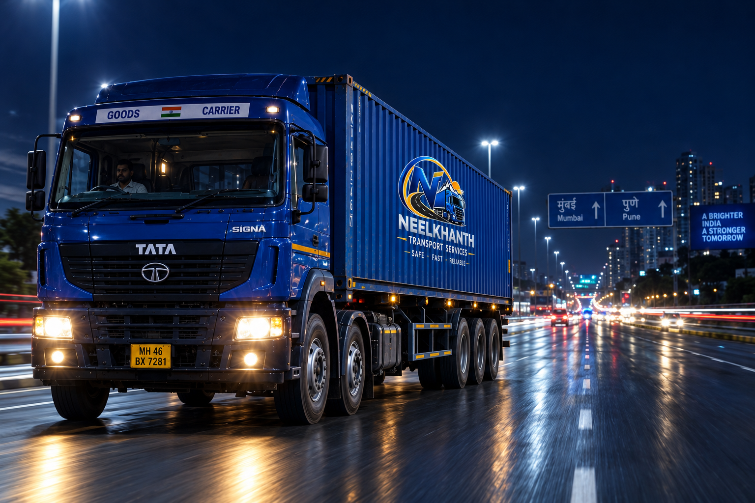 Freight truck on an illuminated highway at night