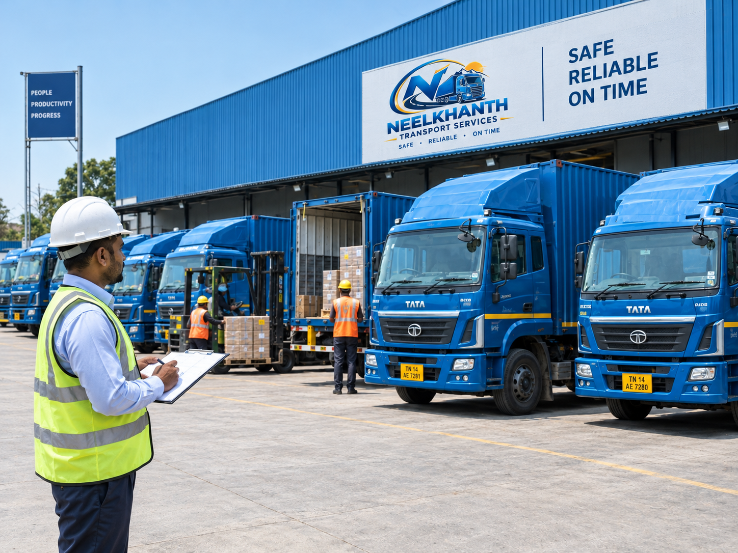 Transport yard with trucks being coordinated for loading